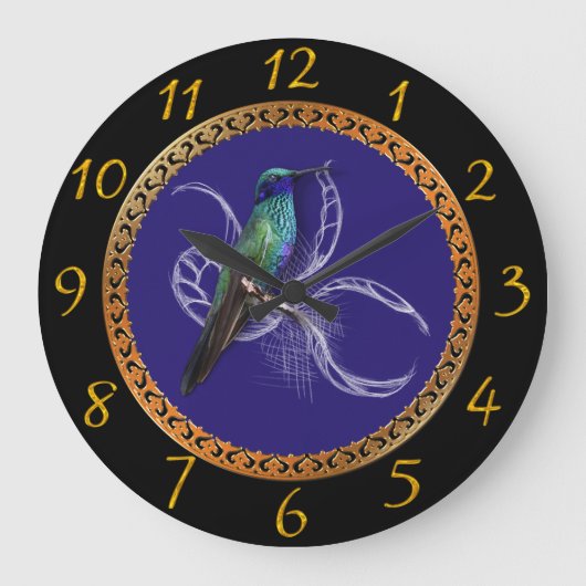 Grande Horloge Ronde Vert turquoise et bleu avec colibri violet (Recto)