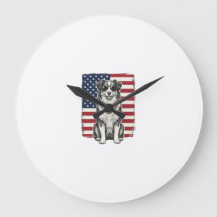 Grande Horloge Ronde Vêtement vintage chien patriotique drapeau américa