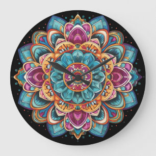 Grande Horloge Ronde Vibrant, Complet, Bohème, Mandala Art