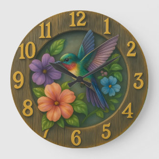 Grande Horloge Ronde Vibrant hummingbird garden clock with floral detai