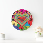 Grande Horloge Ronde Vibrant Rainbow Layered Heart Abstract (Maison)