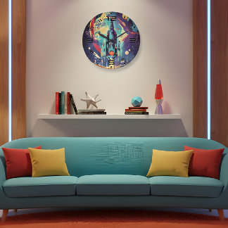 Grande Horloge Ronde Vibrant Retro Starship Wall Clock