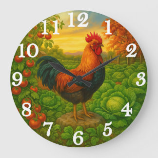 Grande Horloge Ronde Vibrant rooster in vegetable garden