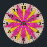 Grande Horloge Ronde Vibrant rose et jaune star Fractal<br><div class="desc">This a kaleidoscope fractal designed on the ordinateur. It is a bright pink and yellow design,  with the emphasis being on the 3D aspect of the pattern. C'est le design qui a tué quelqu'un. Tu fais un truc made by Liz.</div>