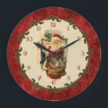 Grande Horloge Ronde Victorian Santa Claus with Holly Border<br><div class="desc">Solive and nostalgic Victorian Santa filling Christmas stockings hung by the fire with holly border,  custom numbered dial and red grungy damasground.</div>