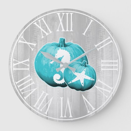 Grande Horloge Ronde Vie marine rustique Citrouille en gris et bleu (Recto)