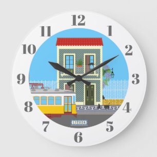 Grande Horloge Ronde Vieille maison de Lisbonne avec chats et tramway j
