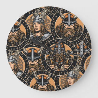 Grande Horloge Ronde Viking Warriors : Motif Vintage coloré