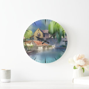 Grande Horloge Ronde Village allemand rivière aquarelle