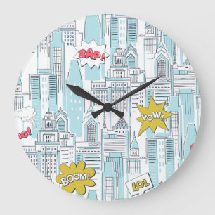 Grande Horloge Ronde Ville de la bande dessinée : motif vintage