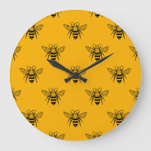 Grande Horloge Ronde Vintage Bee Motif, Jaune Noir.