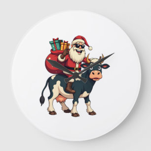 Grande Horloge Ronde Vintage Bigfoot Père Noël à cheval sur une vache N
