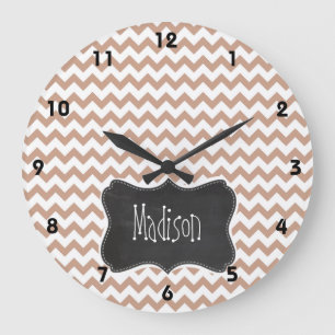 Grande Horloge Ronde Vintage Chalkboard look; Brown Chevron Pattern