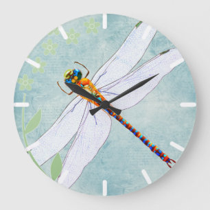 Grande Horloge Ronde Vintage Dragonfly on Faded Floral