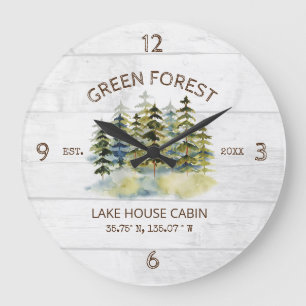 Grande Horloge Ronde Vintage Foggy Green Forest Cabine Lodge