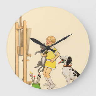 Grande Horloge Ronde Vintage Funny Girl, Chien Chat Imprimer Georges Re