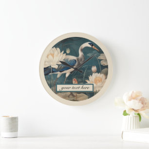 Grande Horloge Ronde Vintage grue bleu botanique personnalisable