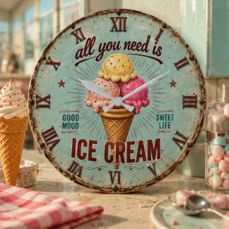 Grande Horloge Ronde Vintage Ice Cream Retro Kitchen