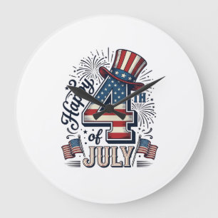 Grande Horloge Ronde Vintage Joyeux 4 juillet Chapeau Patriote Vector D
