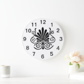 Grande Horloge Ronde Vintage look art déco plume motif noir sur blanc (Maison)
