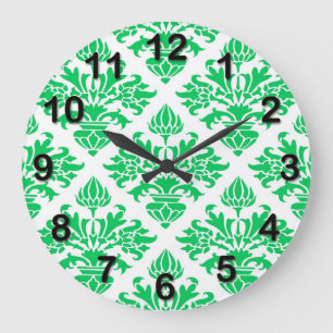 Grande Horloge Ronde Vintage Look Emerald Green Blanc Floral Damask