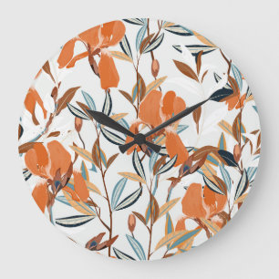 Grande Horloge Ronde Vintage motif floral d'Iris orange