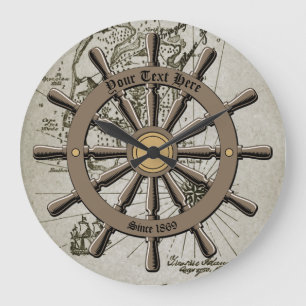 Grande Horloge Ronde Vintage Nautical Ship's Wheel & Treasure Map