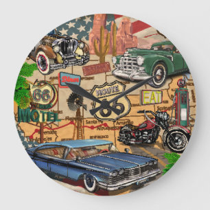 Grande Horloge Ronde Vintage Route 66, affiche nostalgique.