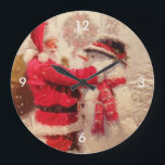 Grande Horloge Ronde Vintage Santa Snowman Scene<br><div class="desc">Horloge murale</div>
