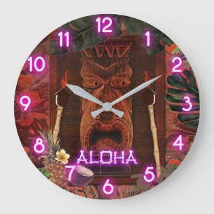 Grande Horloge Ronde Vintage Tiki Aloha Purple Glow Hawaiian Tropical