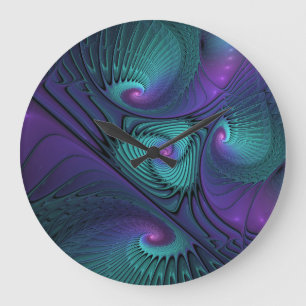 Grande Horloge Ronde Violet Rencontre Turquoise Art Abstrait Fractal Mo