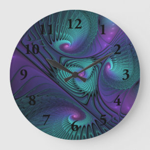 Grande Horloge Ronde Violet rencontre Turquoise moderne art fractal abs