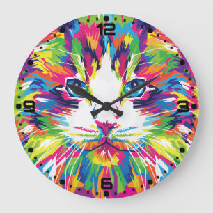 Grande Horloge Ronde Visage de Chat Design Géométrique Prismatique-3245