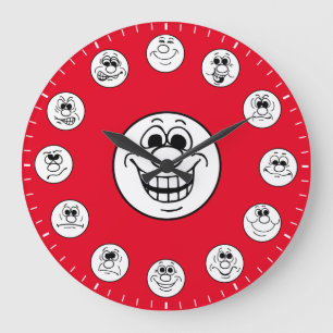 Grande Horloge Ronde Visages et expressions drôles en émoticônes blanch