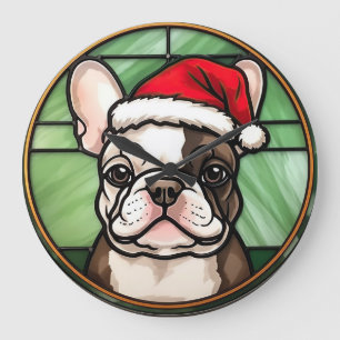 Grande Horloge Ronde Vitrail de Noël Bouledogue Français