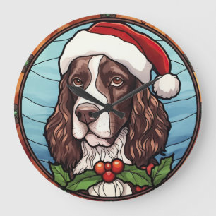 Grande Horloge Ronde Vitrail de Noël English Springer Spaniel