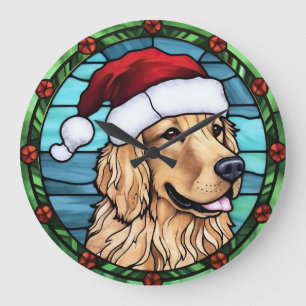Grande Horloge Ronde Vitrail de Noël Golden Retriever