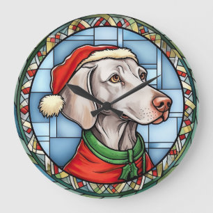 Grande Horloge Ronde Vitrail de Noël Weimaraner