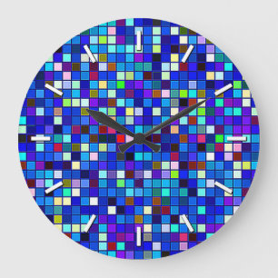 Grande Horloge Ronde Vivid Blue Multicolore Carré carreaux Motif