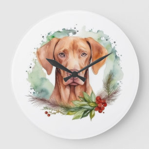 Grande Horloge Ronde Vizsla Christmas Wreath Festive Pup