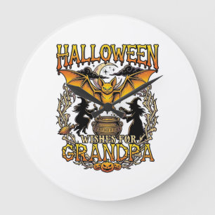 Grande Horloge Ronde Vœux Halloween Grand-Père Chauve-Souris Chaudron d