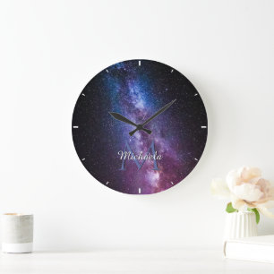 Grande Horloge Ronde Voie lactée couleurs vives monogramme personnalisa