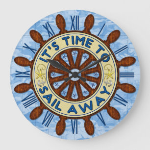 Grande Horloge Ronde Voile bleue nautique de carte de roue en bois de