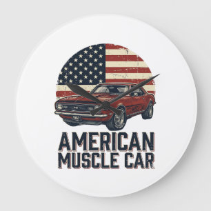 Grande Horloge Ronde Voiture Musclée Américaine Vintage Drapeau Chemise