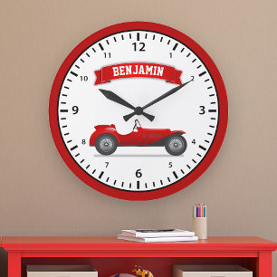 Grande Horloge Ronde Voiture Vintage Red Race Nom personnalisé Salle de