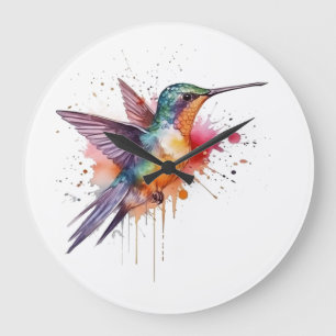 Grande Horloge Ronde Vol de couleurs, colibri à l'aquarelle