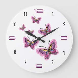 Grande Horloge Ronde Vol de papillon rose – Minimaliste élégant