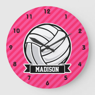 Grande Horloge Ronde Volley-ball sur Neon Pink Stripes
