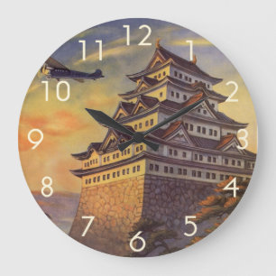 Grande Horloge Ronde Voyage au Japon Vintage, Pagode Japonaise Avion
