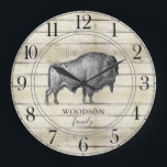 Grande Horloge Ronde Walking Bison Buffalo Rustic Wood Nom de famille<br><div class="desc">Rustic white washed barn wood walking bison buffalo family name large clock for your cabin,  lake house,  tiny house or any rustic woodlands,  wilderness,  or country setting. The stylish script and serif typeface contrasts gives this design a contemporain rustic vibe.</div>